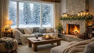 Cozy Winter Cabin Ambience ❄️ Fireplace & Snowfall | Lo-Fi Jazz for Relaxing & Studying