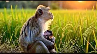 Baby Monkey Finds Frog Trapped In Deep Muddy Water | Baby Monkey First Time Meeting Giant Frog