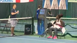 Fran&ccedil;oise Abanda takes on Tomas Plekanec in a friendly tennis match