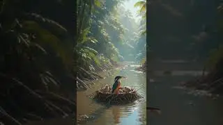 Crested Kingfisher Feeding Fish to Nestlings Near Stream