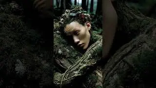 mystical forest dryad beautiful young woman resting on moss, pale greenish skin with organic leaf...