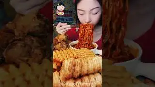 She Destroyed Giant Spicy Noodles & Crispy Chicken Feast 😱🔥 #mukbang #asmr