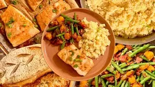 Лосось в кленовой глазури, шафрановый рис и осеннее овощное ассорти