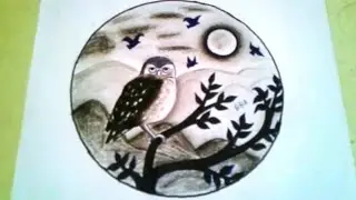 How To Draw Owl In Moonlit Night | Pencil Drawing Scenery | Circle Drawing Easy