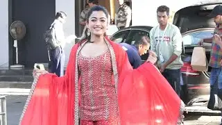 Rashmika Mandanna looks gorgeous in Red suit, spotted at Kalina Private Airport | Shudh Manoranjan