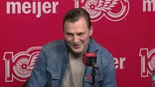 Sergei Fedorov speaks ahead of his jersey retirement ceremony at the Detroit Red Wings game