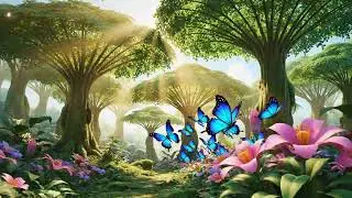 Firefly A bright, colorful forest in daylight, tall green trees shaped like umbrellas, glowing sunli