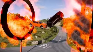 High Speed Cars Jump Fire Ring [BeamNG Drive]