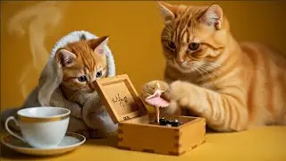 Mama cat & kitten playing with a music box magical moments