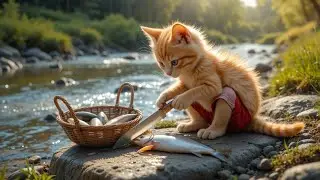 kitten Cooking Fish 🐾#cookingwithcats#catcooking #catstories#shorts