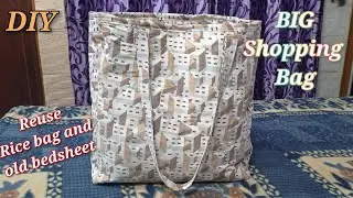 DIY:How to make fabric shopping bag/vegetables bag athome/reuse old bedsheet and rice bag/SUPER EASY
