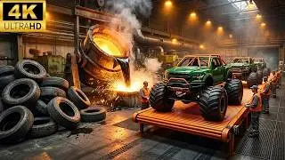 Wewnątrz fabryki zabawek opon: rozdrabnianie starych opon na monster trucki (pełny proces)