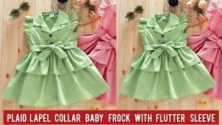 Plaid Lapel Collar With Flutter Sleeve Baby Frock Cutting and Stitching/Baby Frock Design