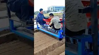 Farmers operating seed planting machine for crop cultivation