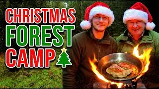 Christmas Forest Camping with My Dad | Wood Stove Cooking, Tarp Shelter & Rain 🎄🔥