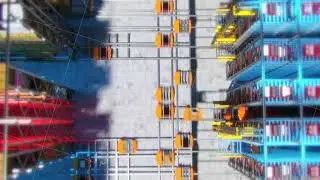 warehouse with smart loaders,neural network control of the warehouse complex. Top View Camera moving