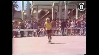 Long beach skateboarder Russ Howell wows the crowd at Oceanside National Pro-Am in 1978