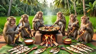 Unbelievable! Wild Indian Monkeys Grilling Fish in the Jungle | Real Footage