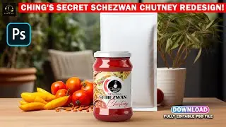 Product packaging Label design in Photoshop I Ching's Secret Schezwan Chutney Redesign I PSDTutorial
