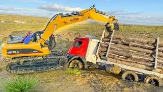 RC Wood Loading 6x6 Truck vs Excavator Mud Racing Challenge