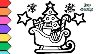 Easy  christmas cart drawing and colouring step by step tutorial | winter house drawing and coloring