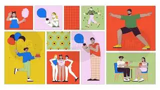 Diverse curvy people modern lifestyle animated bento grid layout