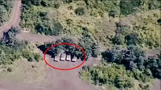 Four BMP Lined Up Get Hit By Excalibur Artillery Round
