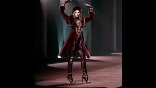 Model in velvet jumpsuit, fur hat & coat and burgundy thigh-high boots walks the runway.