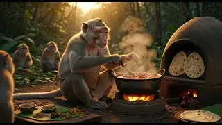 Forest Cooking: Mutton Curry and Naan Made by a Macaque Chef Over Wood Fire