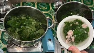 My mom cooked green vegetables leaves with minced pork. It's yummy lunch, family food.