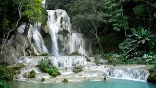 Kuang Si Waterfalls Sounds 4k UHD. Relaxing Waterfall Noise/Sleep/Meditate/Anxiety/Insomnia Relief.