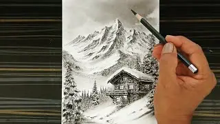 Beautiful and easy Pencil drawing scenery of snowy mountain snowy house and snowy trees.
