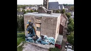 Streetart in Krefeld auf dem Hochbunker: Taucher von Tubuku und Bener mit der Drohne gefilmt.