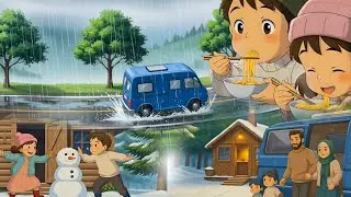 Cozy Winter Camping in a Van 🚐 | A Rain to Snow Family Journey | Islamic Ghibli Style
