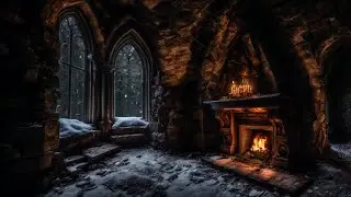 LIVE! Broken Winter Castle | Sheltering in Medieval Ruins | 1 Hour of Blizzard and Fireplace Sounds