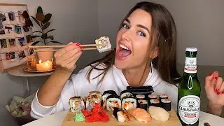 ЗНАКОМСТВО В БАНЕ😅🙈 ПИРСИНГ ЯЗЫКА 👅 МУКБАНГ суши роллы пиво sushi rolls beer || MUKBANG не асмр