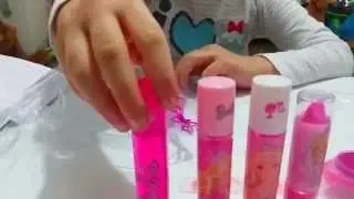 Barbie makeup set tutorial for children . Kit for girls. Cute  video