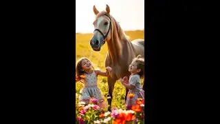 A group of kids and a friendly horse prepare for an exciting race together