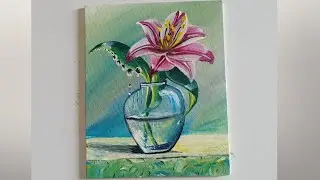 How to paint a glass vase with pink Lily flower easily/acrylic painting