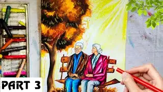 Elderly Couple Sitting On a Park Bench Drawing, Oil Pastel Drawing, Step By Step (Part 3)