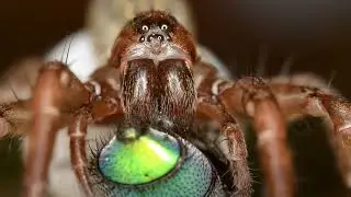 Wofspinne (Nachtwolf) mit Eikokon hat eine Fliege erbeutet