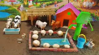 DIY tractor Farm Diorama with minecraft farming house | cow shed - goat barn| amazing fishpond .
