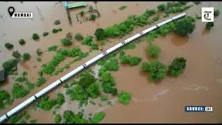 An aerial view of Mahalaxmi express stuck in flooded tracks due to heavy rains on Saturday