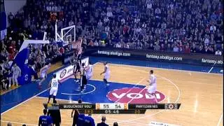 Milutinov corrects the layup attempt of Akognon (Budućnost VOLI - Partizan NIS)