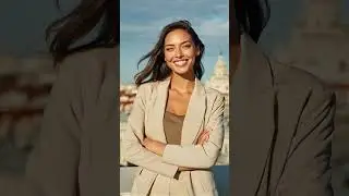 #RadiantSmile #ConfidentWomen #BeigeStyle #PoisedAndPowerful #CityBackdrop #PowerLook