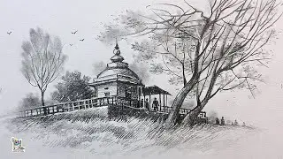 How to draw Temple in Nature by Pencil Art