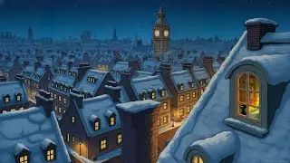 Snow Falls On A Rooftop While A Black Cat Watches Night Glow With Vintage Jazz 1930s Mood