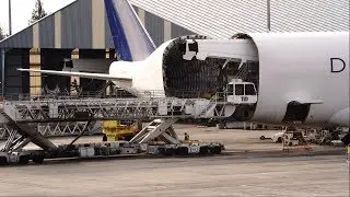 Dream Lifter 747 Boeing Factory Cargo Unloading & Take off