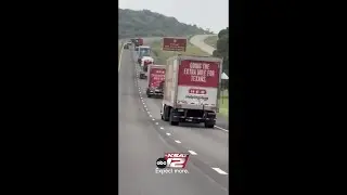 Convoy of H-E-B trucks and trailers labeled &ldquo;disaster relief&rdquo; traveling toward Comfort.