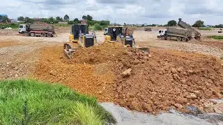 Wonderful Bulldozer SHANTUI Push Stone Into Water Lake, Dump Truck 25Ton Unloading Stone